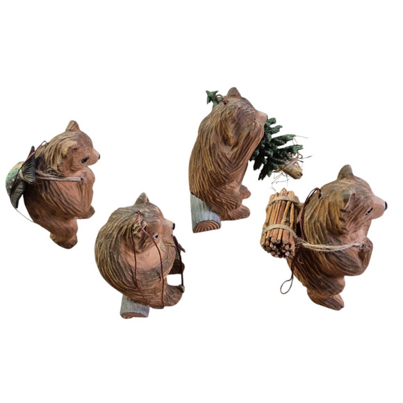 Vtg Carved Wood Bear Ornament Figurines Camping Cabin Family Rustic Woodsy RARE - Picture 2 of 10